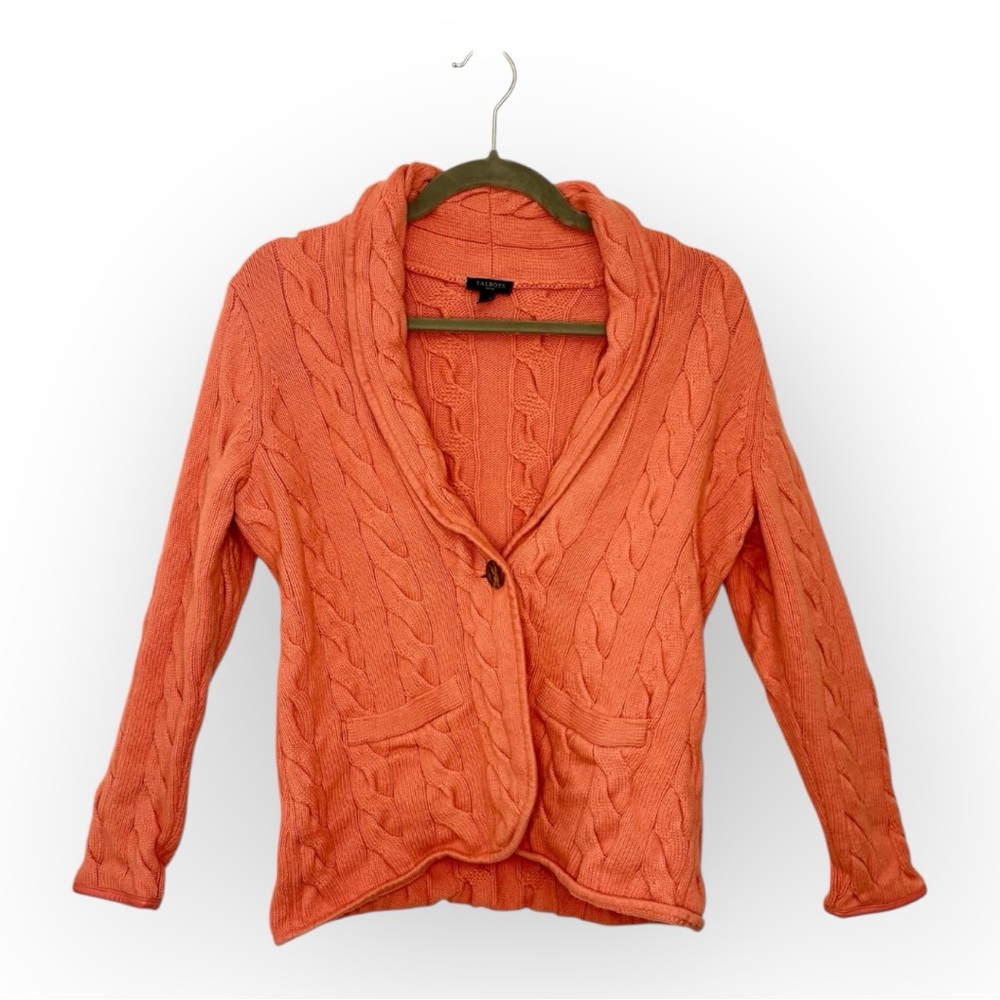 Talbots Coral Cable Knit Sweater Blazer Preppy Classic Heritage Petite Medium